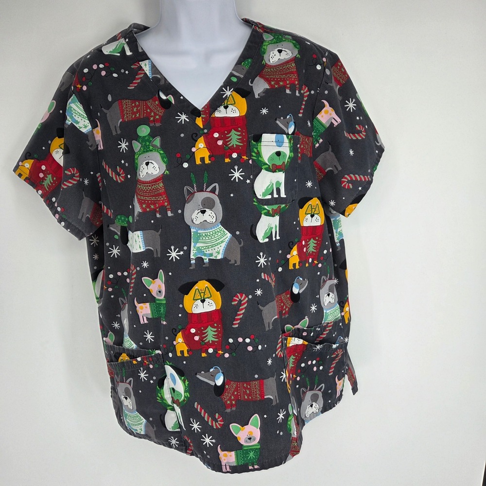 Butter-Soft Originals Christmas Dogs Scrub Top XL Grey Holiday V-Neck